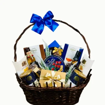 Elegancki kosz prezentowy dla mężczyzn z wstążką premium.