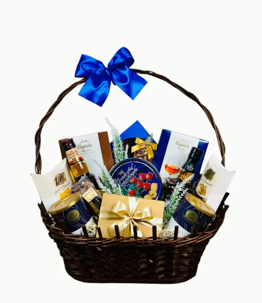 Elegancki kosz prezentowy dla mężczyzn z wstążką premium.